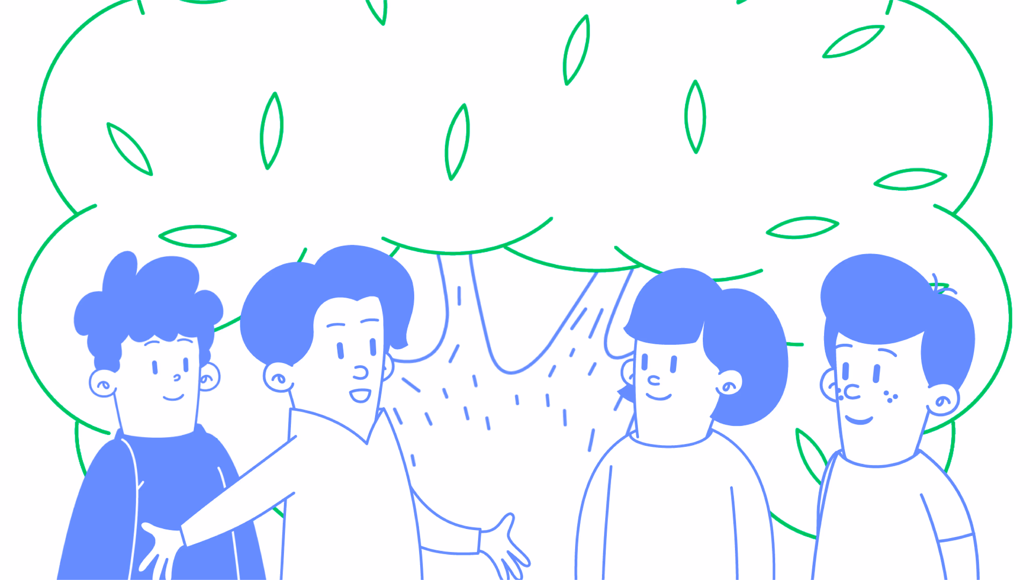 Illustration aus einem 2D Erklärvideo: Gruppe von Menschen im Gespräch unter einem stilisierten Baum – Symbol für Teamarbeit, Nachhaltigkeit und gemeinsames Wachstum.