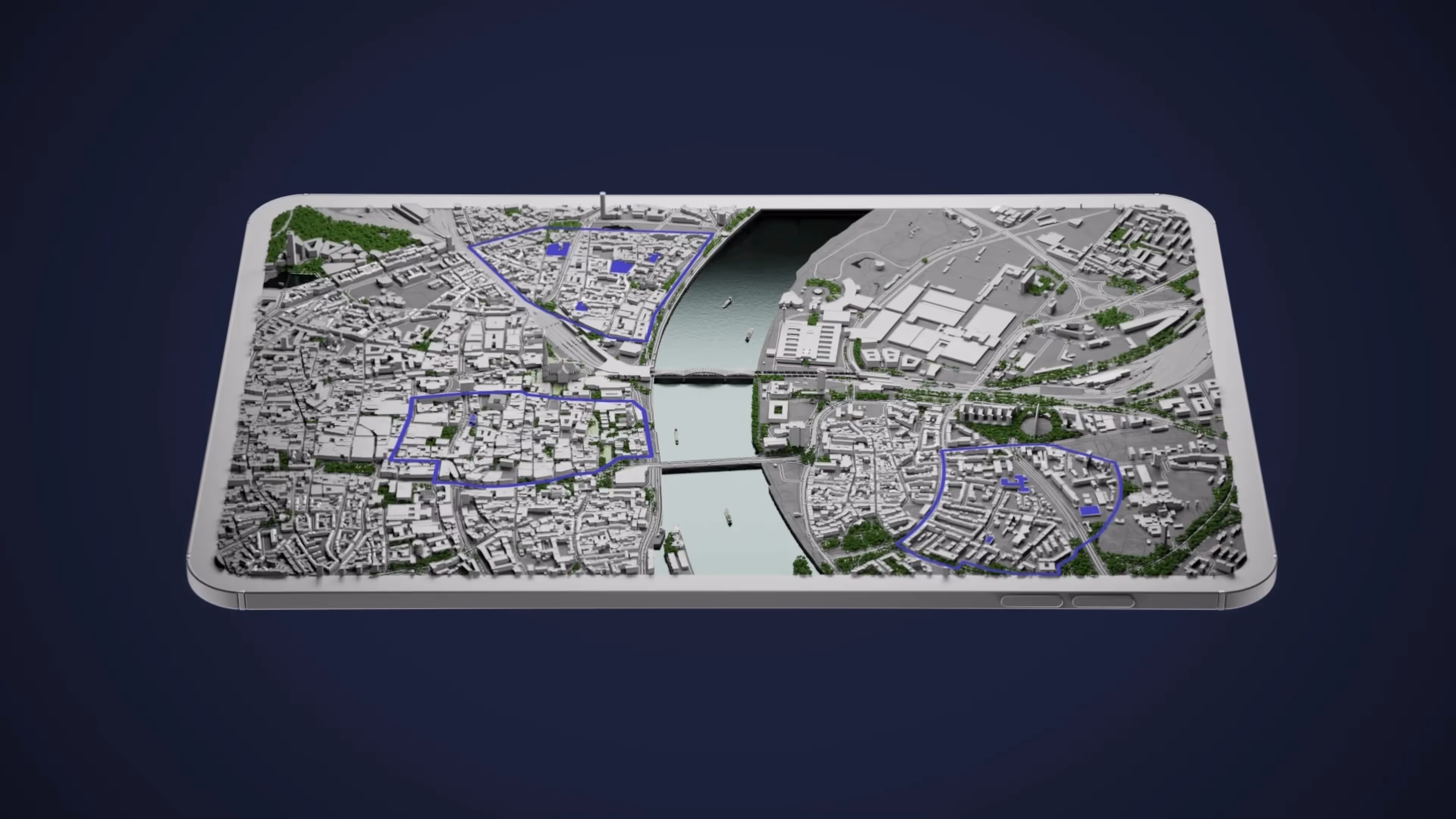 Eine 3D-Animation zeigt ein Smartphone, auf dessen Bildschirm eine detaillierte Stadtkarte mit markierten Zonen und einem Fluss dargestellt ist.