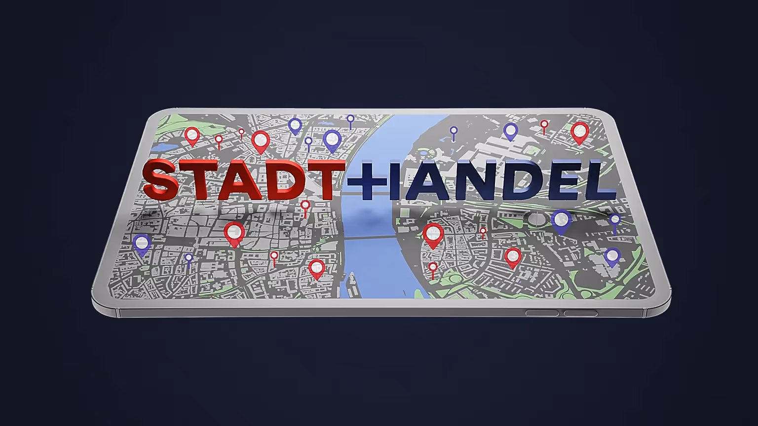 D-Animation eines Smartphones mit digitaler Stadtkarte auf dem Bildschirm, rote und blaue Standortpins markieren Orte, Schriftzug „Stadt + Handel“ in kräftigen Farben – Symbol für moderne Standortanalyse.