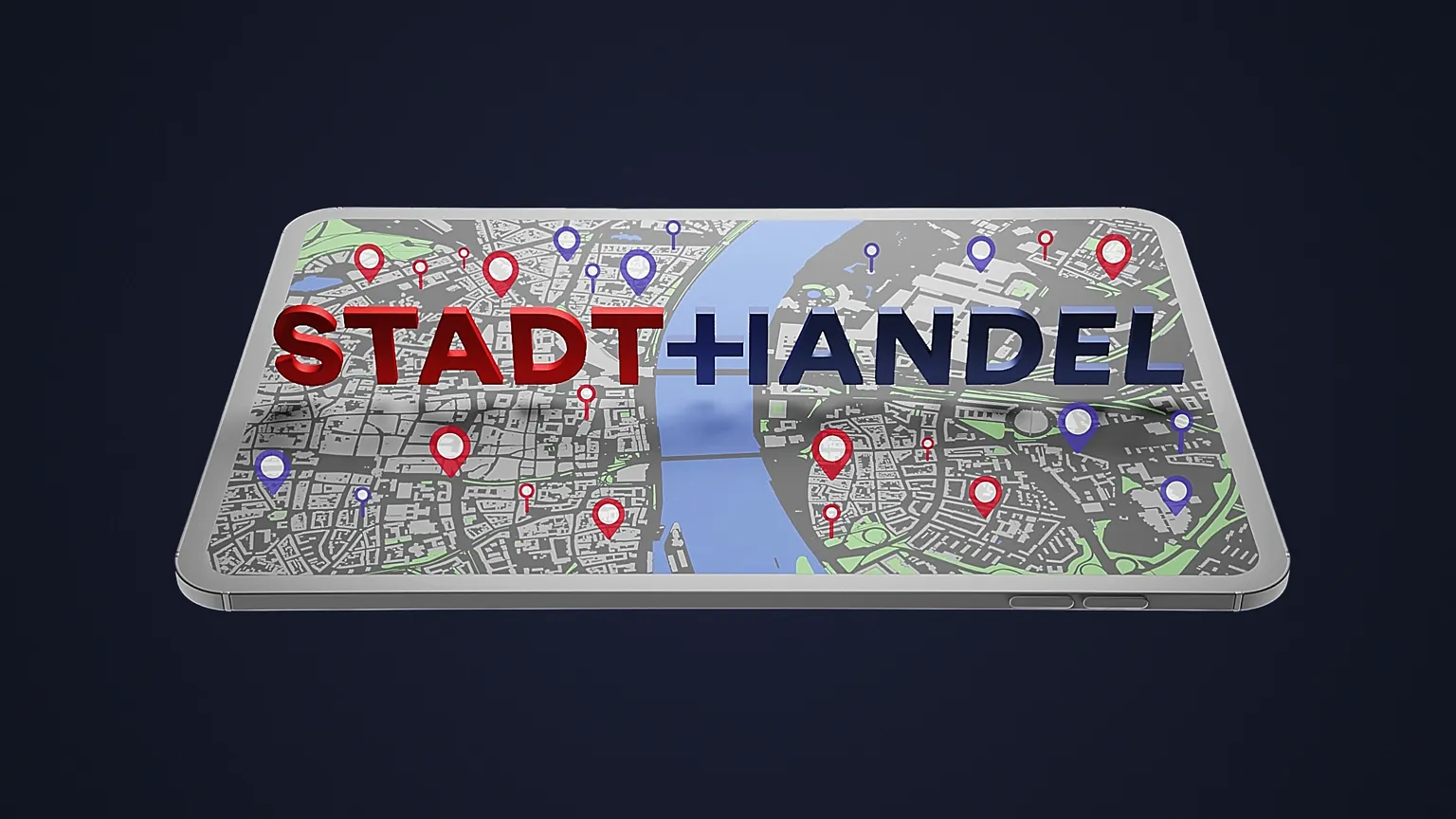 D-Animation eines Smartphones mit digitaler Stadtkarte auf dem Bildschirm, rote und blaue Standortpins markieren Orte, Schriftzug „Stadt + Handel“ in kräftigen Farben – Symbol für moderne Standortanalyse.
