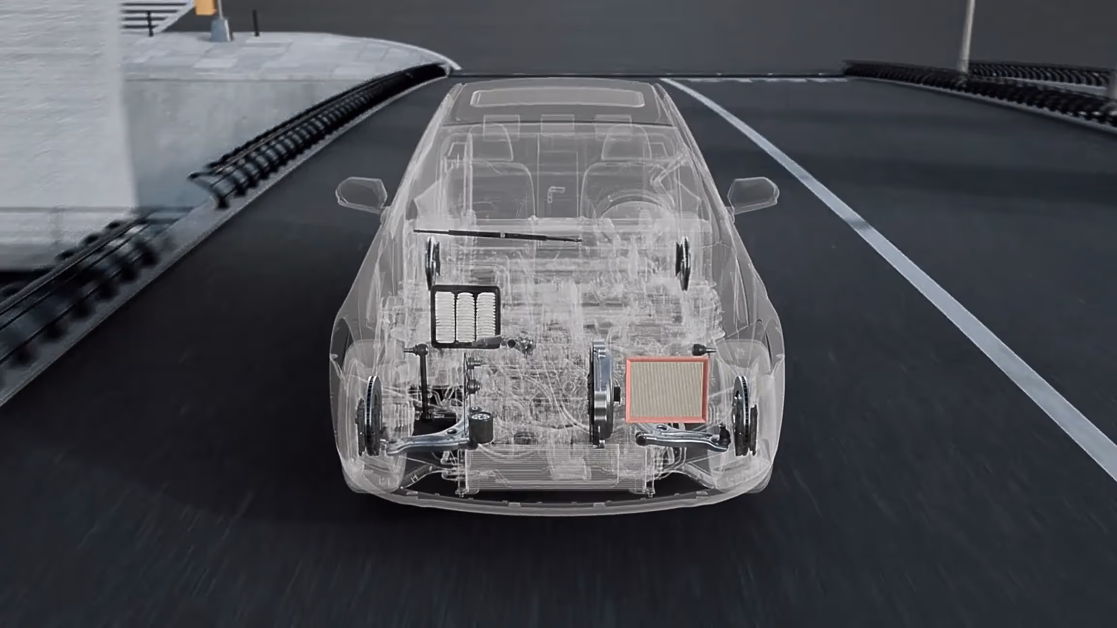 Transparente Darstellung eines Fahrzeugs mit sichtbaren Filtern und Bremssystem.