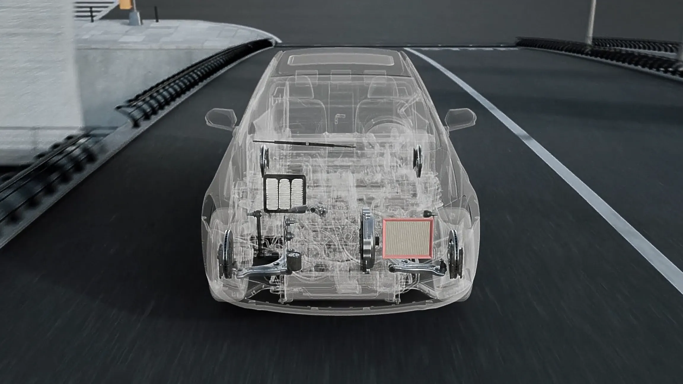 Transparente Darstellung eines Fahrzeugs mit sichtbaren Filtern und Bremssystem.