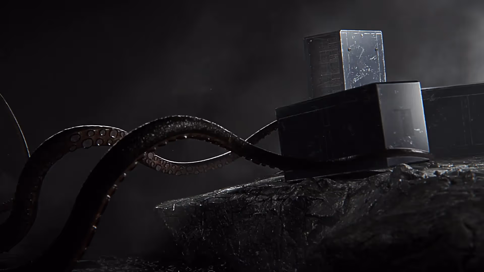 3D Animation und Produktvideo mit Fokus auf Tentakelbewegung und industrielles Objekt – cineastischer Werbefilm mit dunkler Lichtstimmung, realistischen Texturen und hochwertigem CGI für visuelle Markenpräsentation und Motion Design.