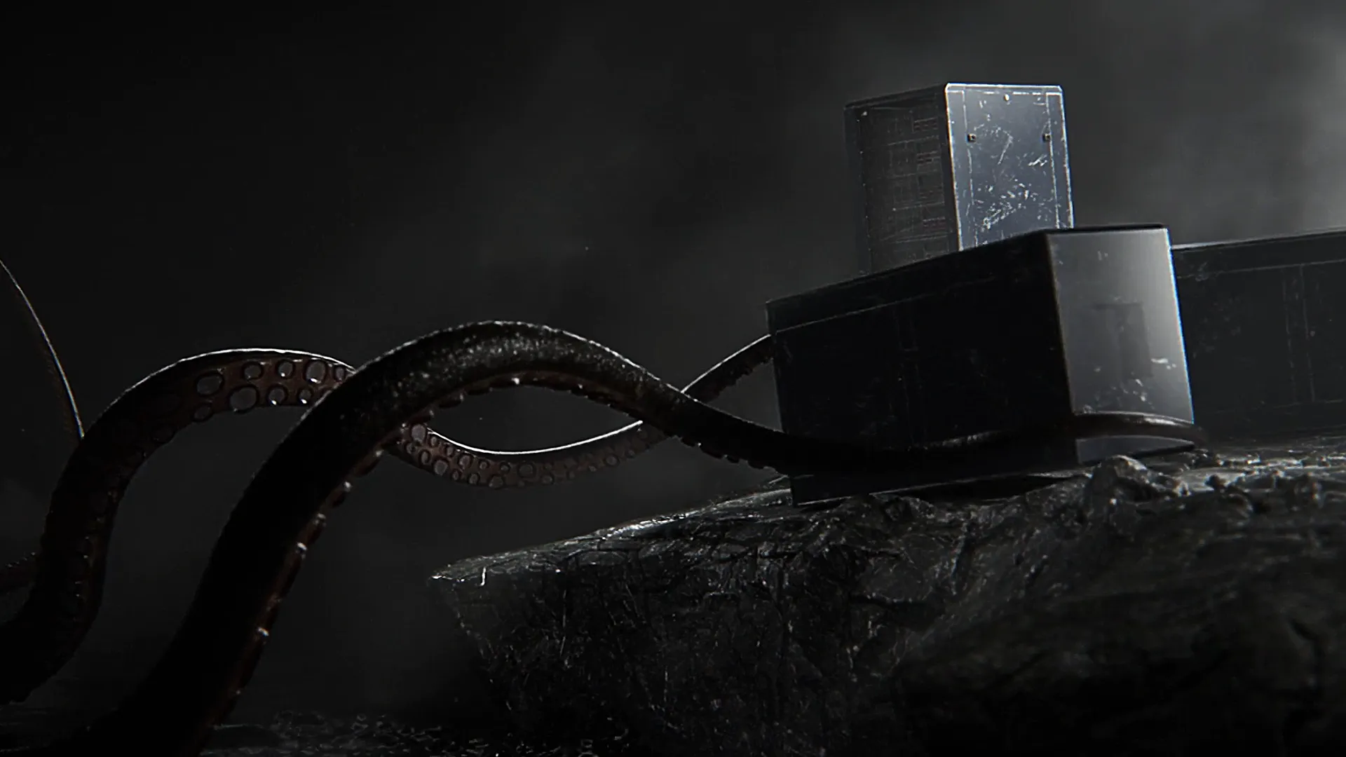 3D Animation und Produktvideo mit Fokus auf Tentakelbewegung und industrielles Objekt – cineastischer Werbefilm mit dunkler Lichtstimmung, realistischen Texturen und hochwertigem CGI für visuelle Markenpräsentation und Motion Design.