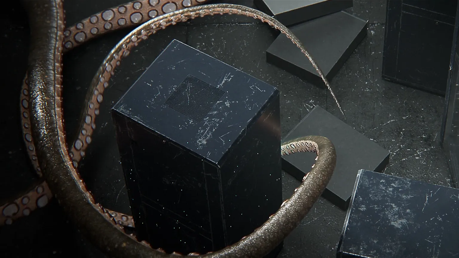 3D Animation mit Fokus auf Tentakelbewegung um glänzende schwarze Objekte – Produktvideo und Werbefilm mit High-End-Rendering, realistischer Texturarbeit und filmischer Lichtstimmung für Markenvisualisierung und CGI-Design.