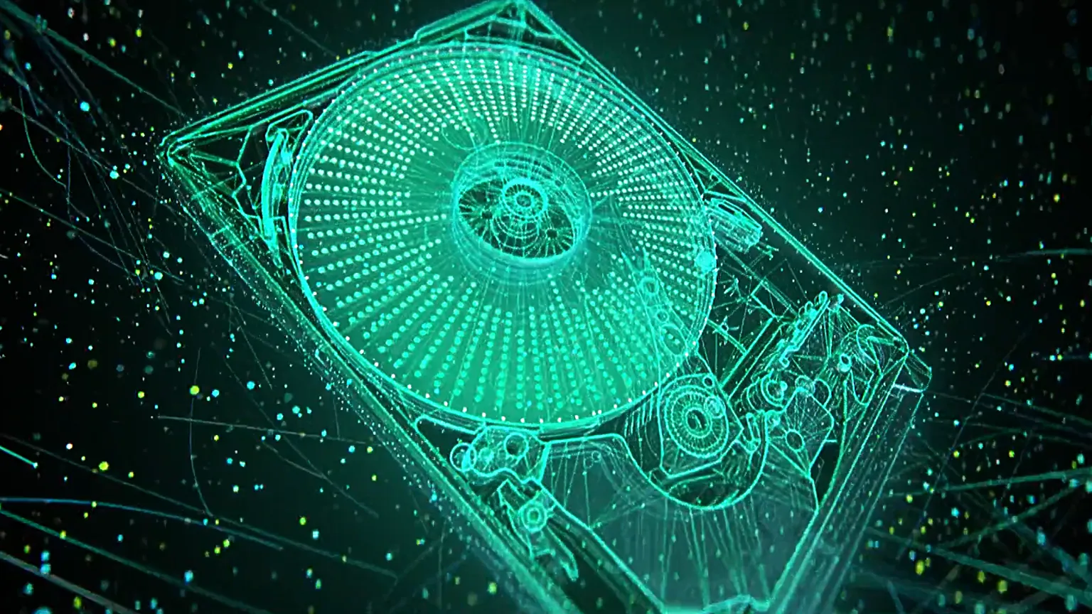 Futuristische 3D Animation einer digitalen Festplatte – visuelles Produktvideo und Werbefilm mit technologischem Design, abstrakten Linien, Dateneffekten und innovativer CGI-Inszenierung für moderne Markenkommunikation.