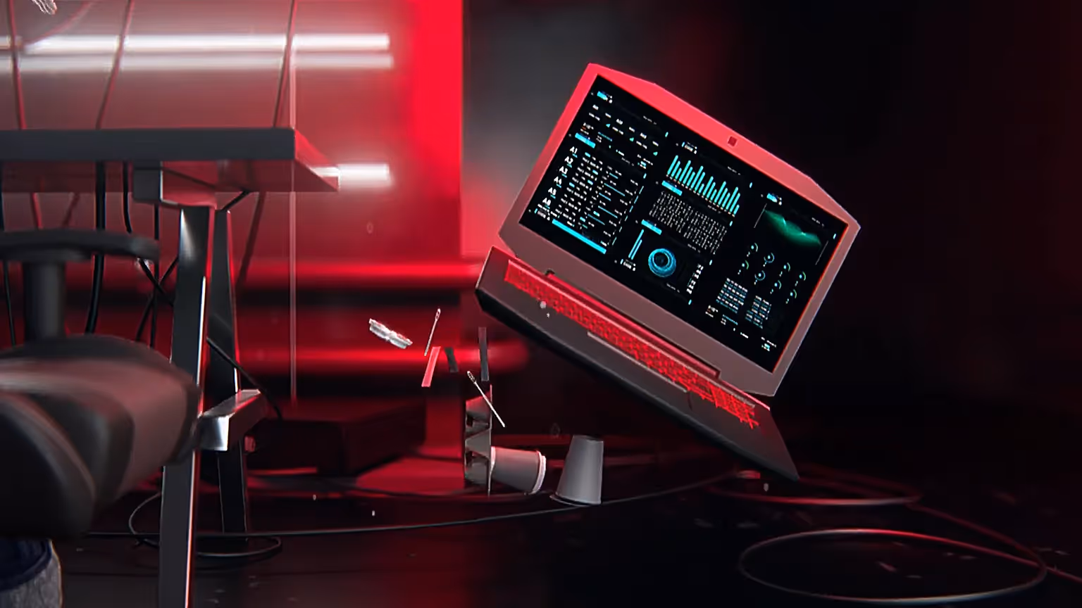 Futuristische 3D Animation mit schwebendem Laptop in rotem Licht – cineastisches Produktvideo und Werbefilm mit Hightech-Ästhetik, dynamischer Kamerafahrt und Motion-Design-Elementen für moderne Markeninszenierung und CGI-Visualisierung.