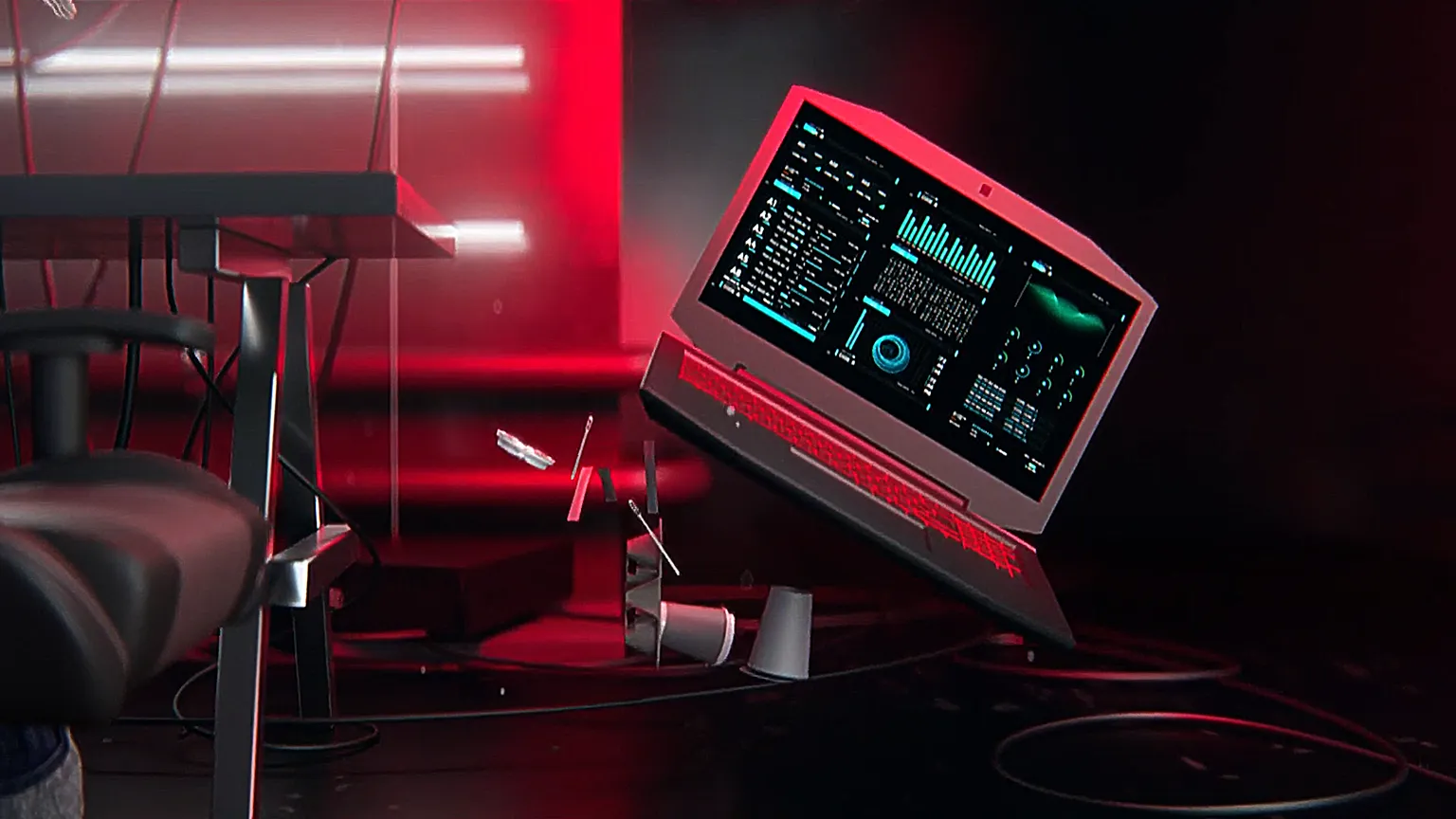 Futuristische 3D Animation mit schwebendem Laptop in rotem Licht – cineastisches Produktvideo und Werbefilm mit Hightech-Ästhetik, dynamischer Kamerafahrt und Motion-Design-Elementen für moderne Markeninszenierung und CGI-Visualisierung.