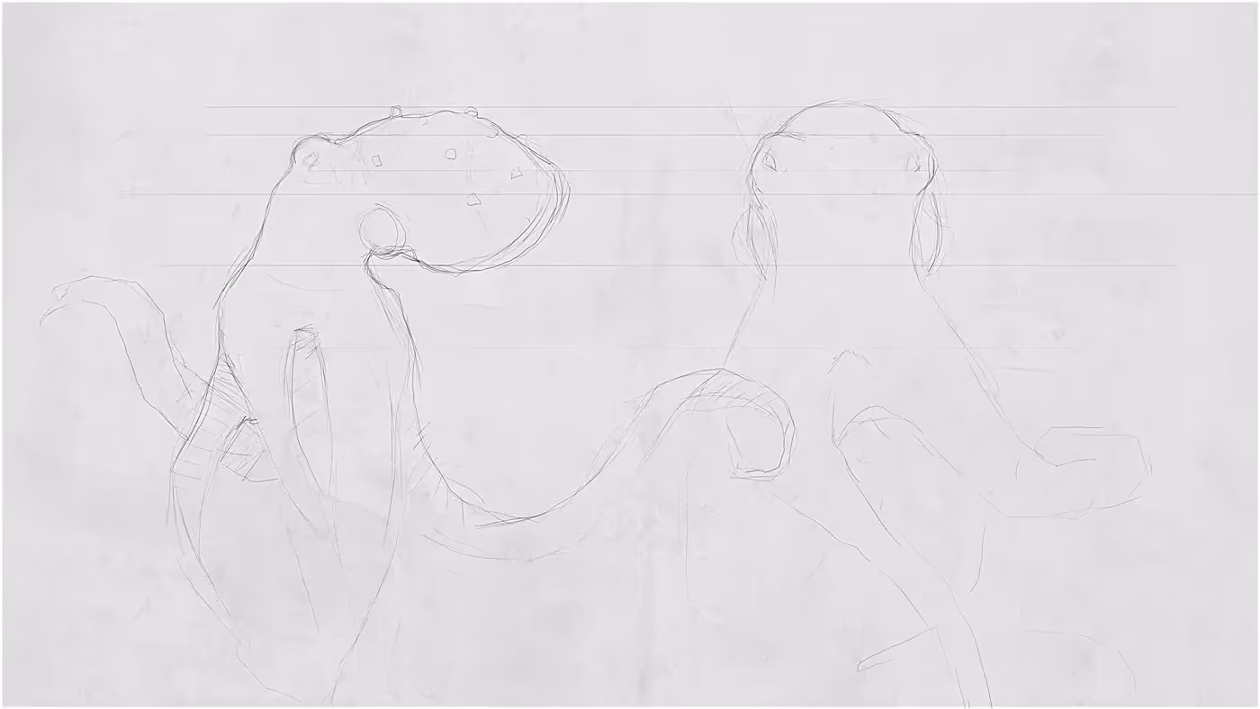 Skizze einer 3D Animation in der Konzeptphase – Zeichnung zeigt Charaktere und Bewegungsabläufe, erstellt für Storyboard oder Previsualisierung einer animierten Filmszene.