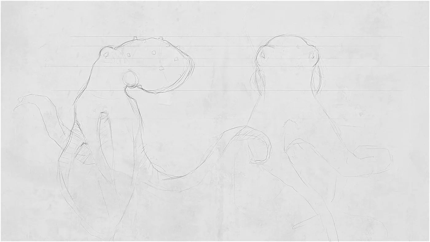 Skizze einer 3D Animation in der Konzeptphase – Zeichnung zeigt Charaktere und Bewegungsabläufe, erstellt für Storyboard oder Previsualisierung einer animierten Filmszene.