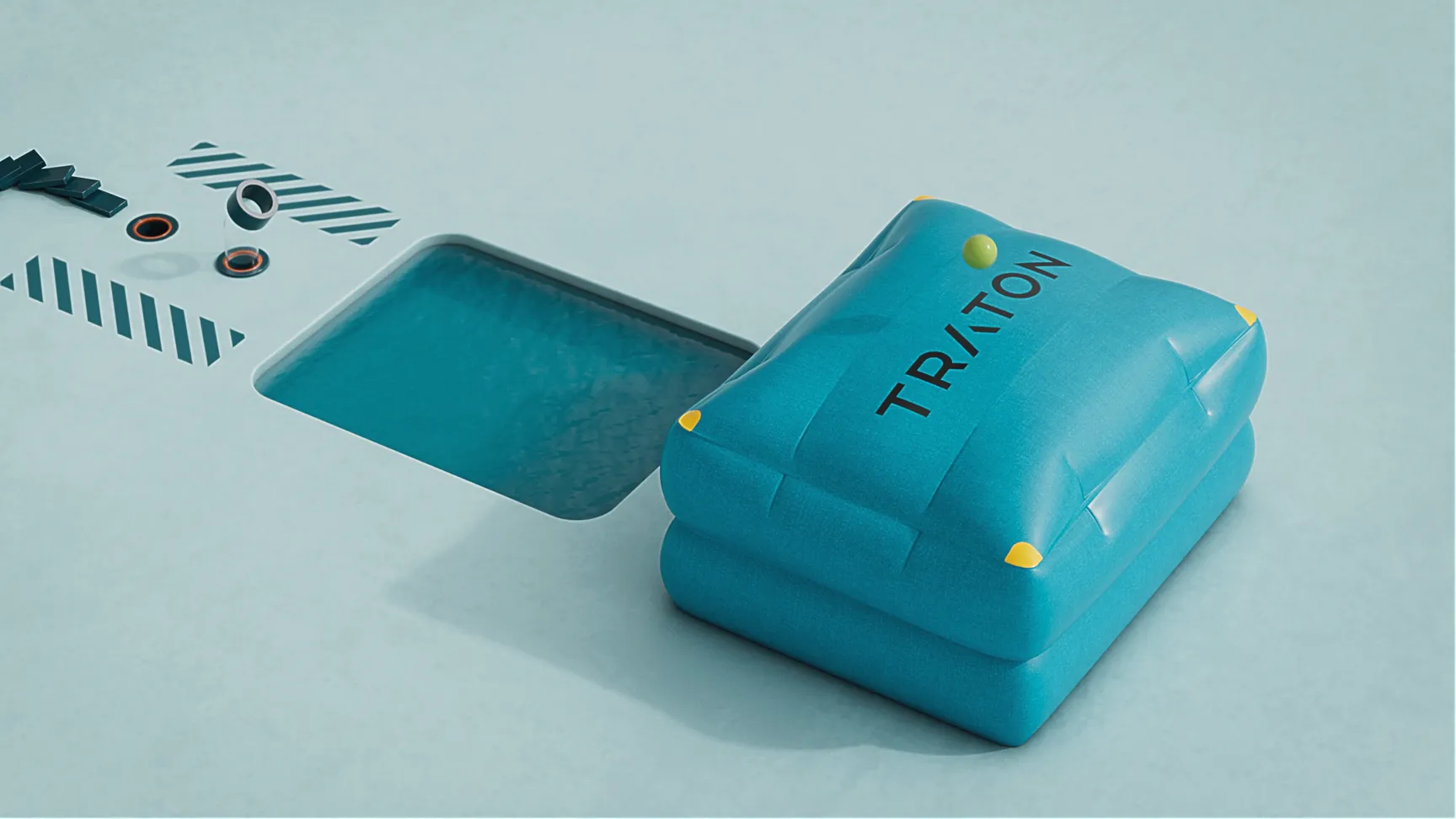 3D-Animation eines blauen TRITON-Objekts auf technischer Oberfläche mit Wasserfläche. Moderne Visualisierung für Produktvideo, Werbefilm oder Markenfilm zur Darstellung innovativer Technik, Design und industrieller Präzision.