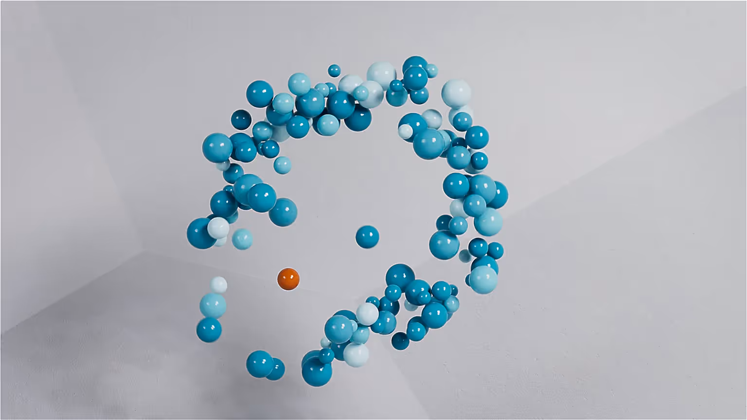 Abstrakte 3D-Animation mit schwebenden blauen und orangen Kugeln. Kreative Visualisierung für Produktvideo, Werbefilm oder Markenfilm zur Darstellung von Innovation, Bewegung und moderner Designästhetik.