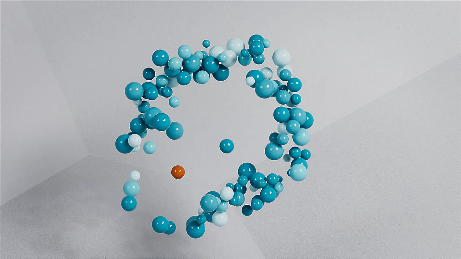 Abstrakte 3D-Animation mit schwebenden blauen und orangen Kugeln. Kreative Visualisierung für Produktvideo, Werbefilm oder Markenfilm zur Darstellung von Innovation, Bewegung und moderner Designästhetik.