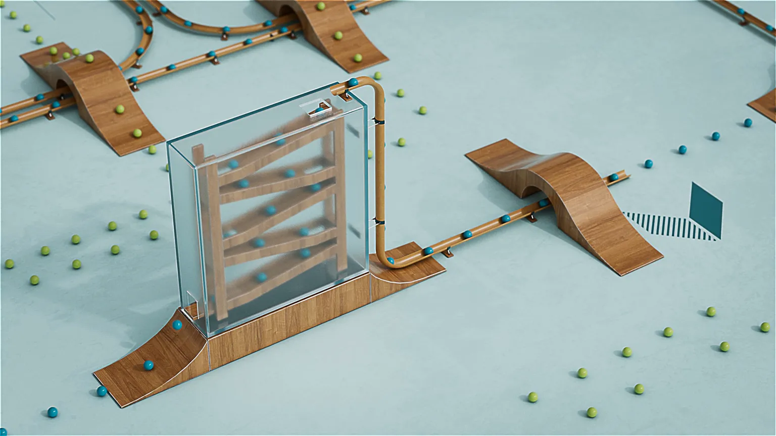 3D-Animation einer spielerischen Kugelbahn mit Holz- und Glaselementen. Kreative Visualisierung für Produktvideo, Werbefilm oder Markenfilm zur Darstellung von Technik, Bewegung und innovativen Produktionsabläufen.