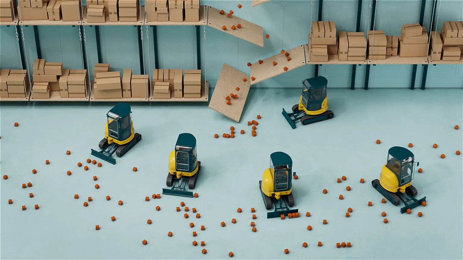 3D-Animation einer Lagerhalle mit Mini-Baggern und fallenden Kartons. Humorvolle Visualisierung für Produktvideo, Werbefilm oder Markenfilm zur Darstellung moderner Logistik, Automation und kreativer Prozessdarstellung.