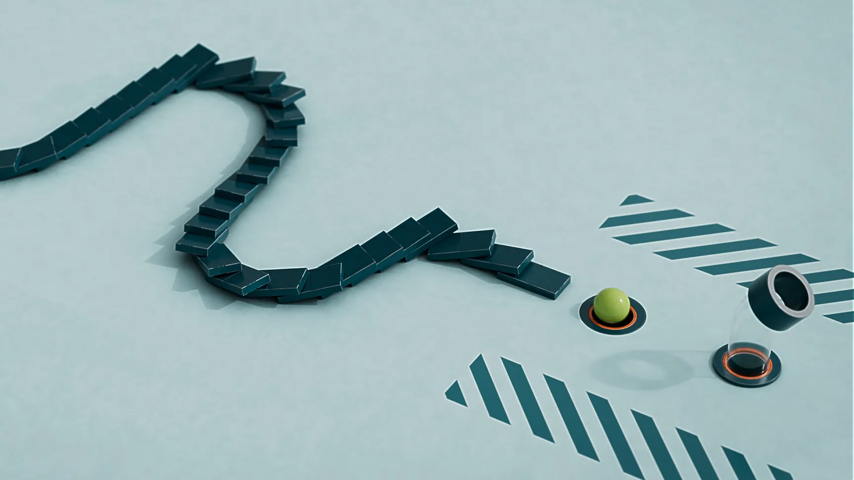3D-Animation mit fallenden Dominosteinen und einer grünen Kugel auf technischer Fläche. Kreative Visualisierung für Produktvideo, Werbefilm oder Markenfilm zur Darstellung von Dynamik, Präzision und Prozessinnovation.