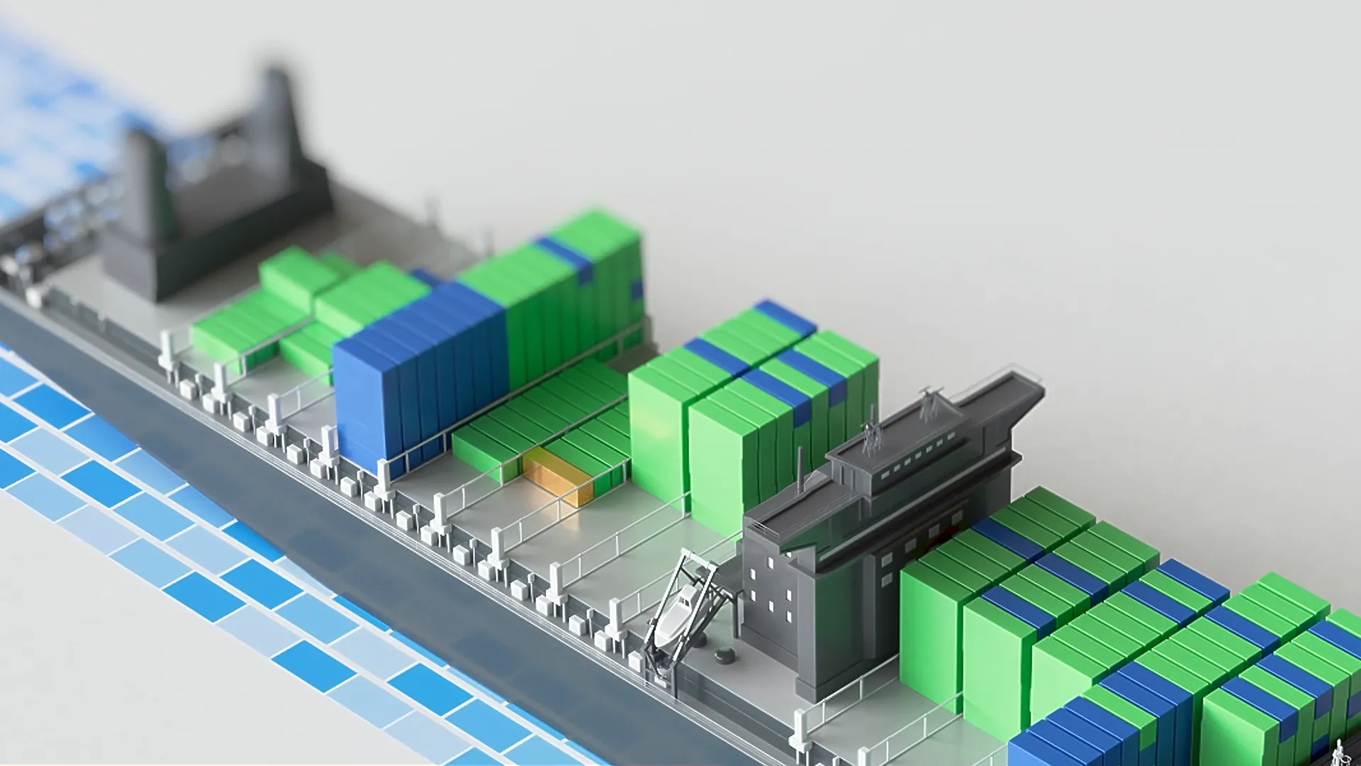 3D-Animation eines modernen Frachtschiffs mit Containern – Szene aus einem Produktvideo oder Werbefilm, die Logistik, Transport und innovative Technologie visuell eindrucksvoll und realitätsnah in Szene setzt.