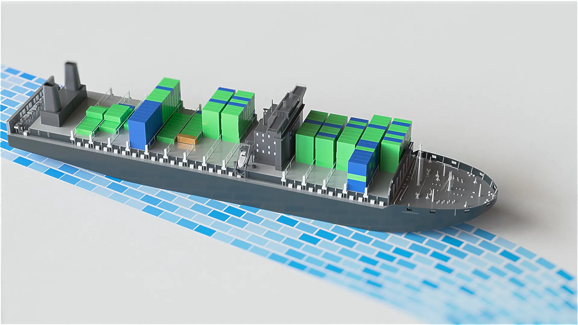 3D-Animation eines Frachtschiffs mit Containern in Grün und Blau – detailreiche Szene aus einem Produktvideo oder Werbefilm, die moderne Logistik, Nachhaltigkeit und technologische Präzision visuell in Szene setzt.