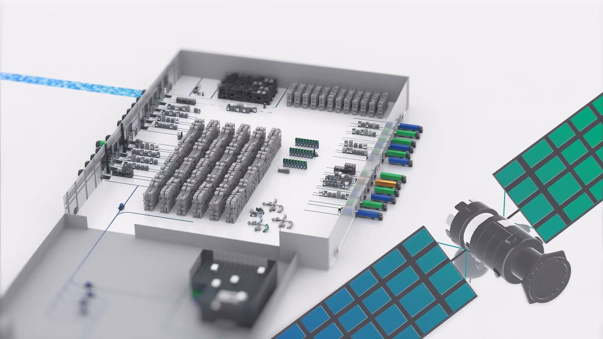 3D-Darstellung eines Schiffsbugs mit technischen Details, auf stilisiertem blauen Wasser aus Kachelmustern.