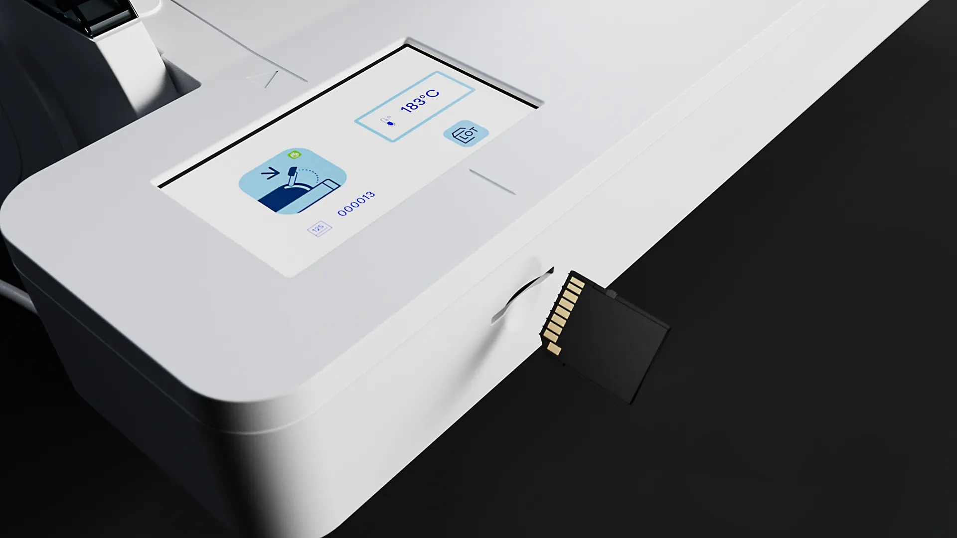 Detailreiche 3D-Animation einer modernen Industriemaschine – Szene aus einem Produktvideo oder Werbefilm, die Präzision, Technologie und hochwertiges Design in einer realistischen Produktvisualisierung zeigt.