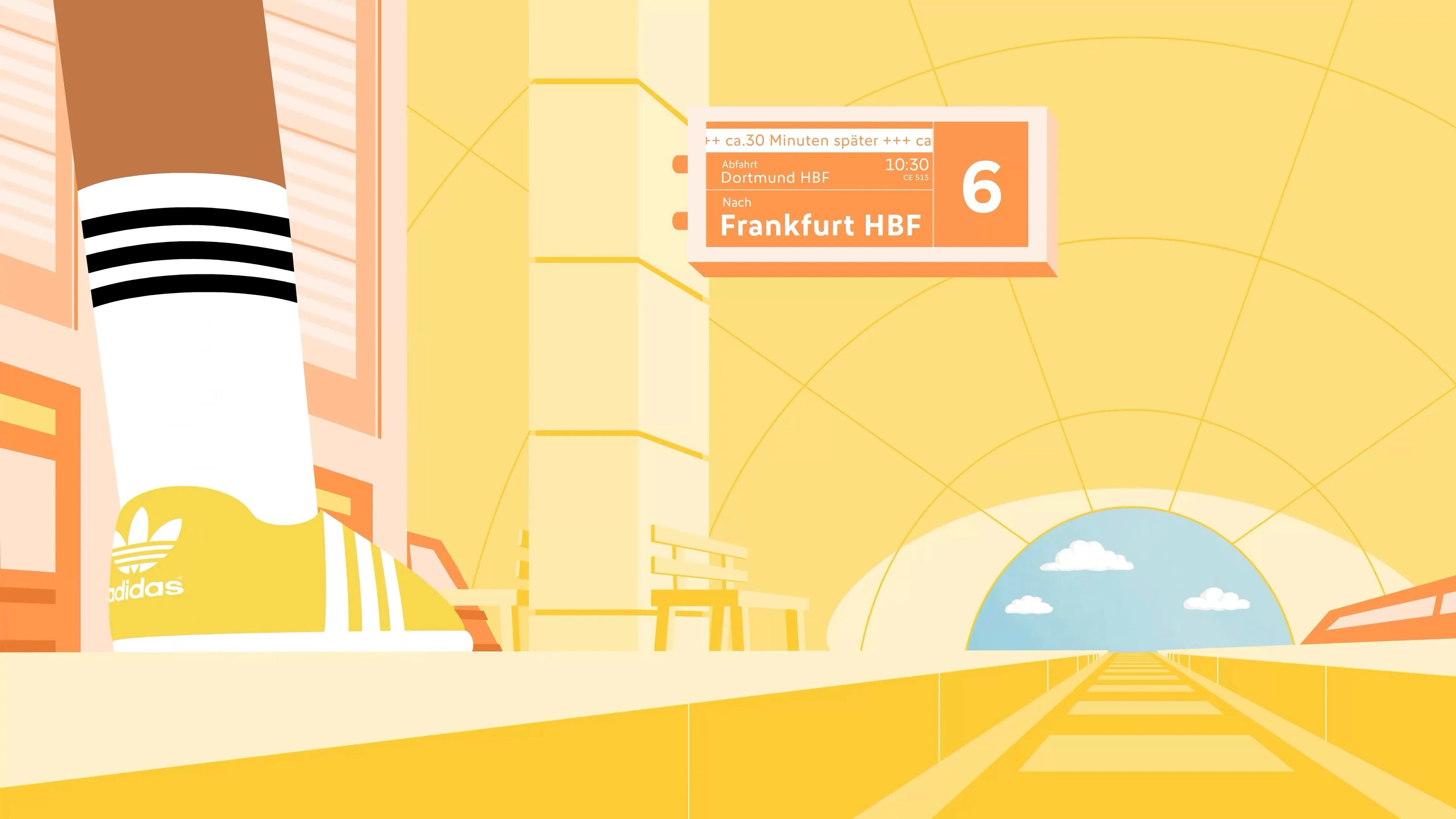 2D Erklärvideo zeigt eine stilisierte Bahnsteigszene mit gelbem Adidas-Schuh und Anzeigetafel „Dortmund HBF nach Frankfurt HBF“ – Bildungsanimation über Reisen, Bewegung und moderne Visualisierung im 2D Animationsstil.