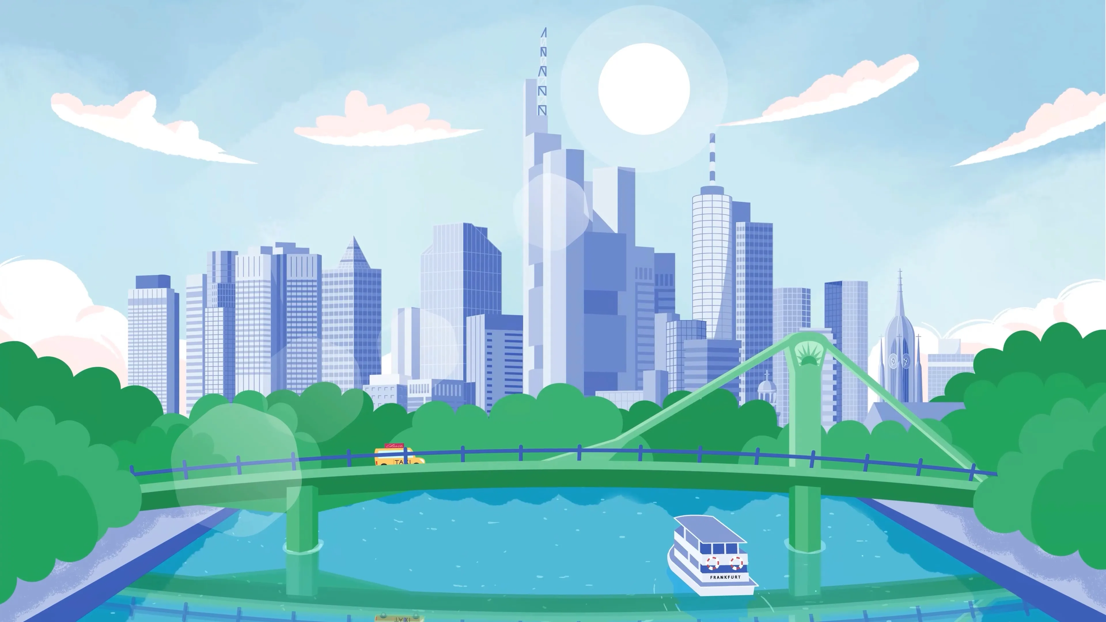 Animierte Stadtansicht von Frankfurt mit Brücke, Fluss und Skyline – Szene aus einem 2D Erklärvideo über urbane Mobilität, Nachhaltigkeit und moderne Stadtentwicklung.