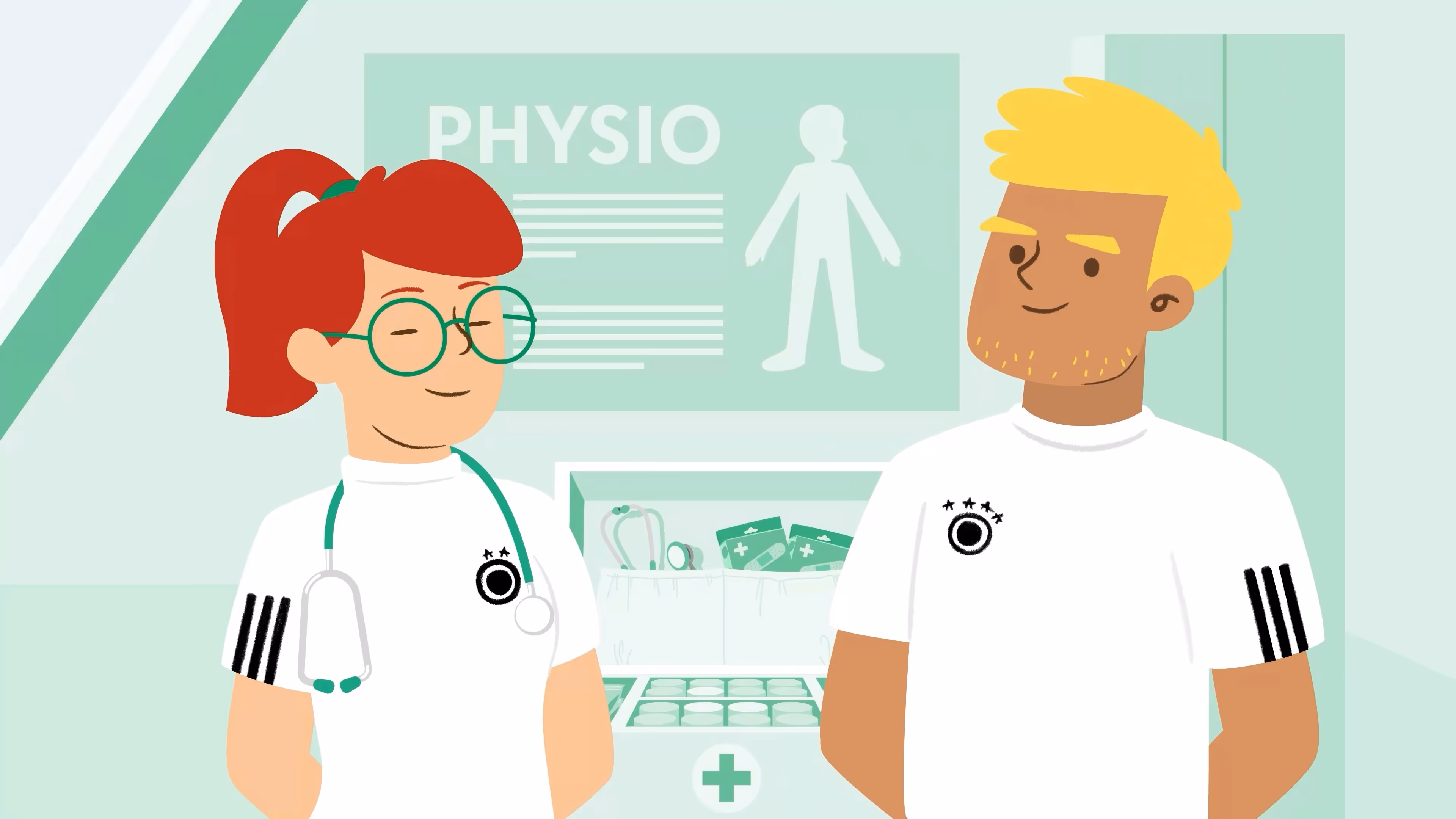 2D Illustration aus einem Erklärvideo: zwei medizinische Fachkräfte in der Physiotherapie – Szene über Gesundheit, Prävention und sportliche Betreuung im animierten Stil.