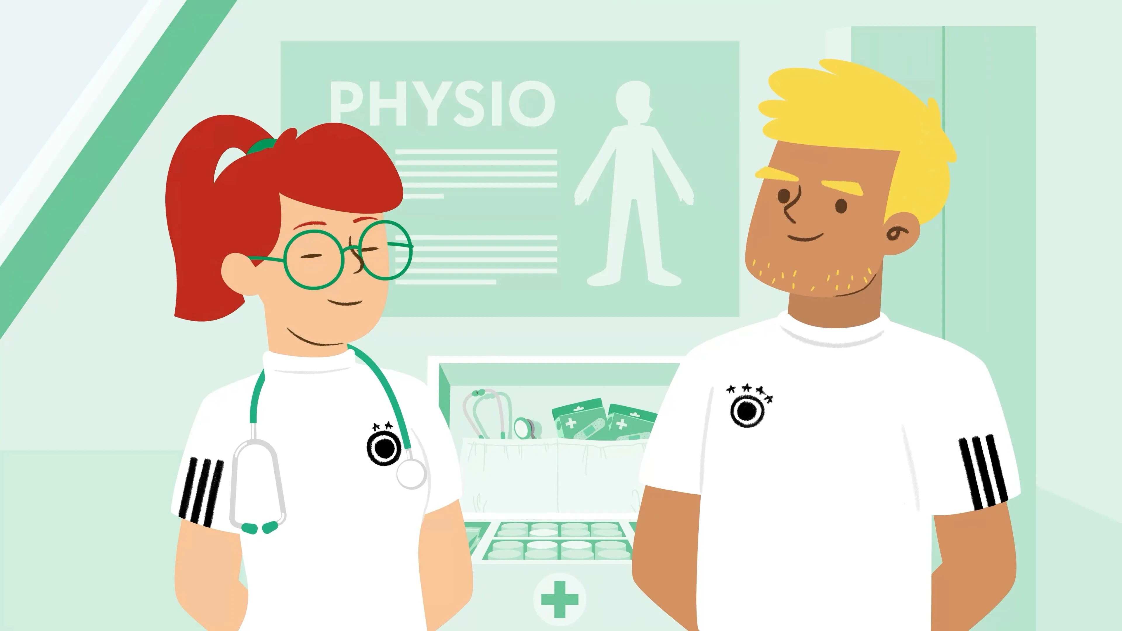2D Illustration aus einem Erklärvideo: zwei medizinische Fachkräfte in der Physiotherapie – Szene über Gesundheit, Prävention und sportliche Betreuung im animierten Stil.