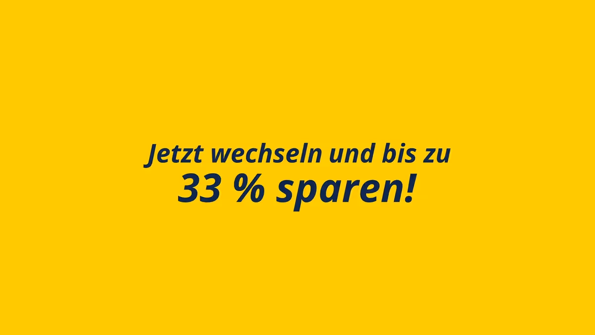 Gelber Werbescreen mit Text „Jetzt wechseln und bis zu 33 % sparen!“ – Szene aus einem Werbefilm einer professionellen Filmproduktion mit Fokus auf Markenkommunikation und Conversion-Steigerung.
