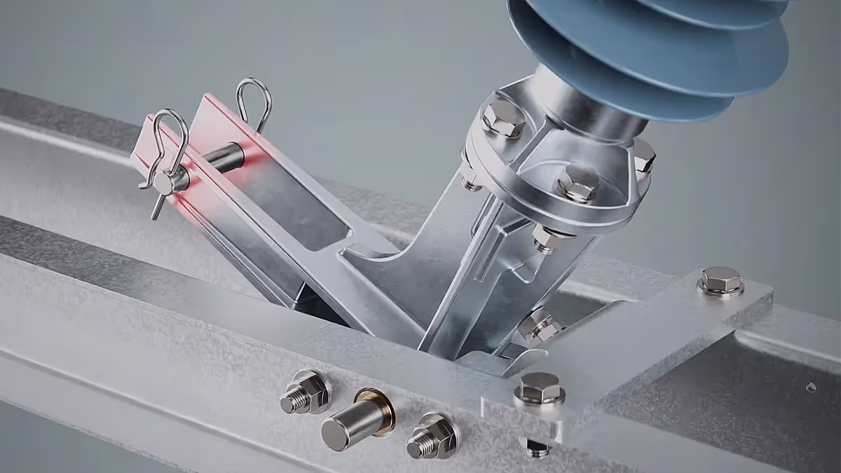 Detailaufnahme eines technischen Bauteils in realistischer 3D-Animation – präzises 3D-Rendering zur Visualisierung mechanischer Strukturen und industrieller Verbindungselemente.