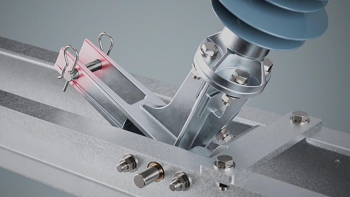 Detailaufnahme eines technischen Bauteils in realistischer 3D-Animation – präzises 3D-Rendering zur Visualisierung mechanischer Strukturen und industrieller Verbindungselemente.