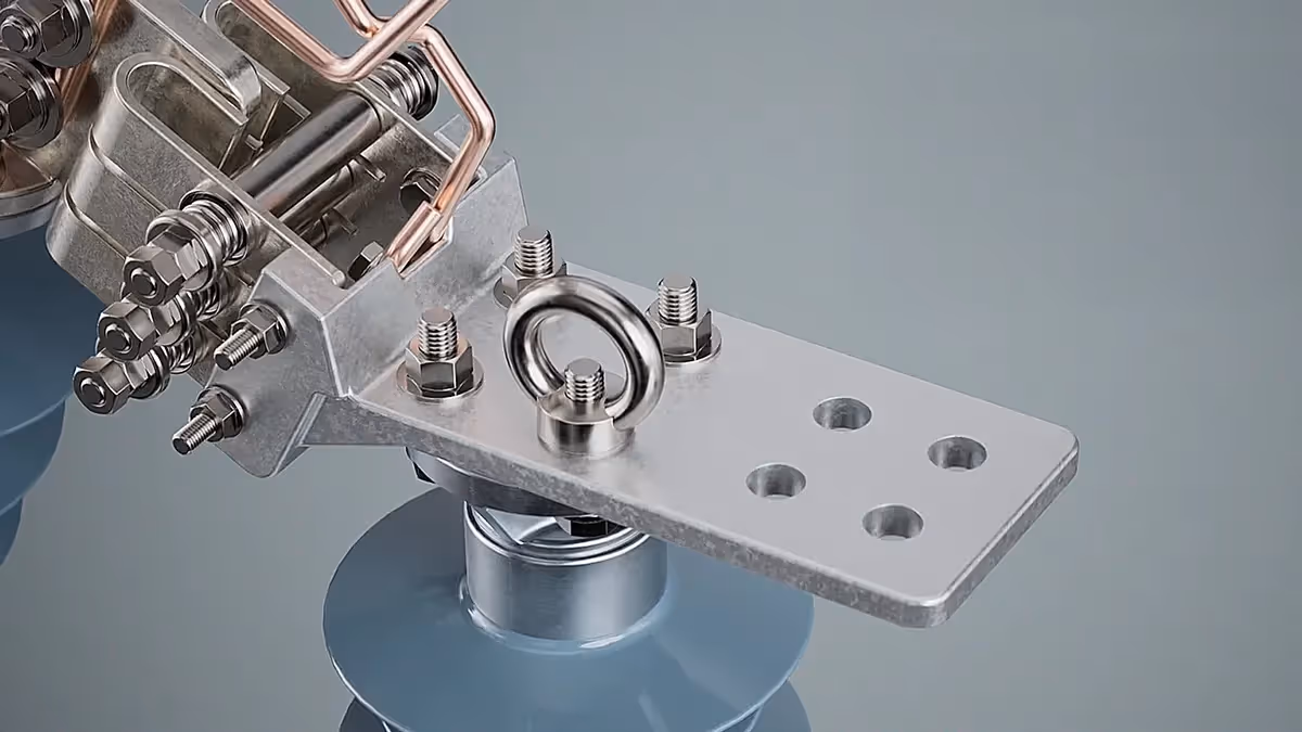 Detailansicht eines metallischen Verbindungselements in realistischer 3D-Animation – technisches 3D-Rendering zur Visualisierung mechanischer Komponenten und industrieller Konstruktionen.