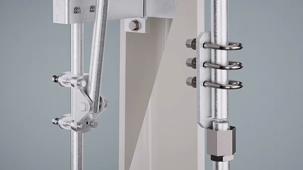 Detailansicht einer industriellen Vorrichtung als fotorealistisches 3D-Rendering – präzise technische 3D-Animation zur Darstellung von Metallkomponenten und mechanischen Verbindungen.