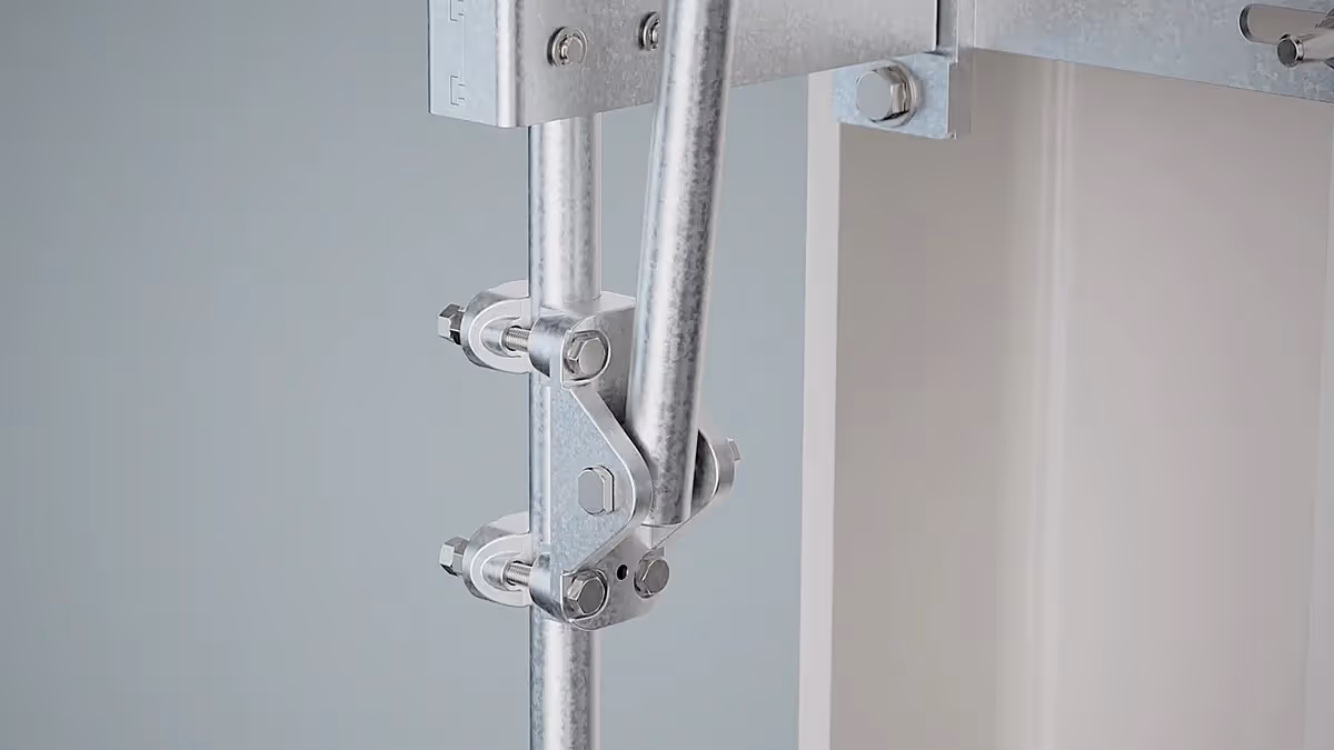 Detailaufnahme eines Metallbauteils als 3D-Rendering – technische 3D-Animation zur präzisen Darstellung von Konstruktionselementen und industriellen Verbindungskomponenten.