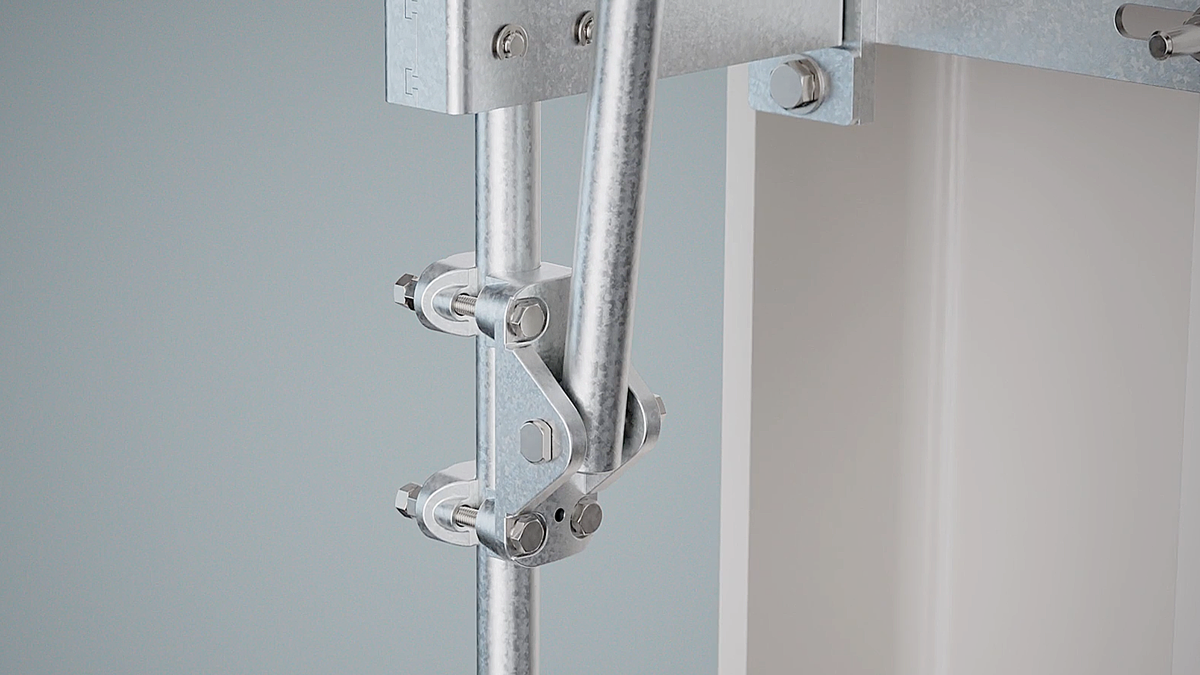 Detailaufnahme eines Metallbauteils als 3D-Rendering – technische 3D-Animation zur präzisen Darstellung von Konstruktionselementen und industriellen Verbindungskomponenten.