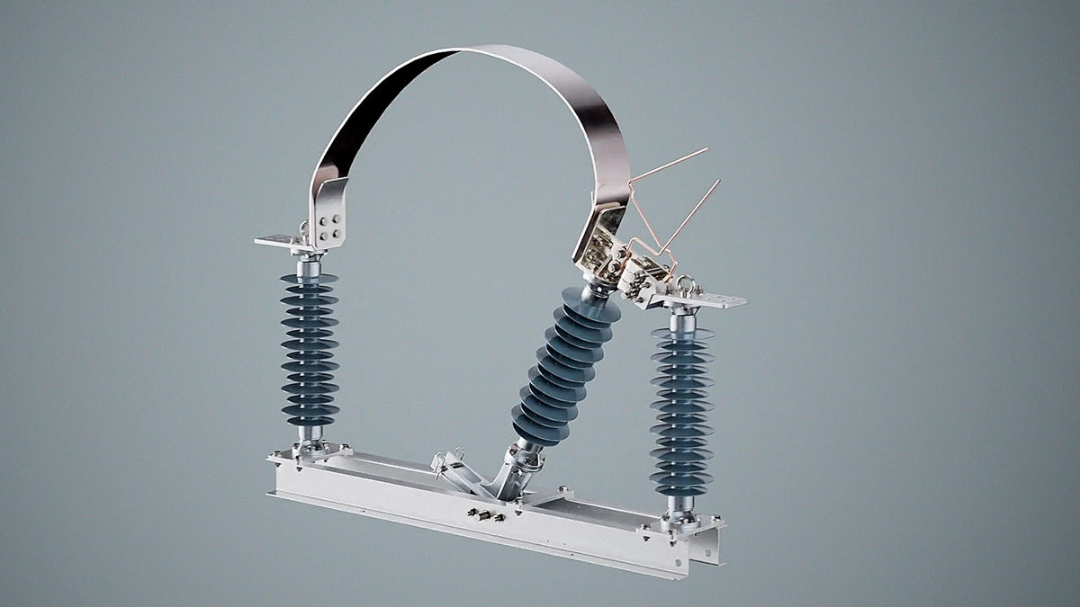 3D-Rendering eines elektrischen Schaltbauteils mit Isolatoren – realistische 3D-Animation zur technischen Visualisierung industrieller Elektrotechnik und Komponentenmontage.