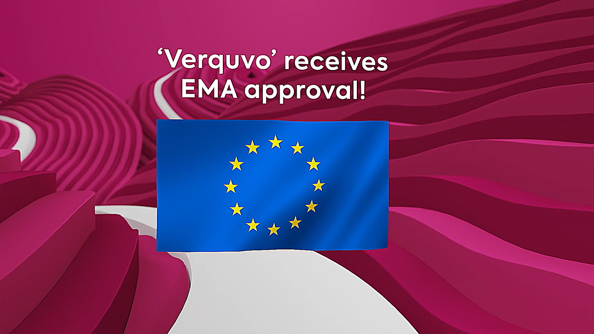3D Animation mit EU-Flagge und Text „Verquvo receives EMA approval!“ – visuelle Darstellung einer medizinischen Zulassung in animierter Umgebung mit dynamischem 3D-Design und Markeninszenierung.