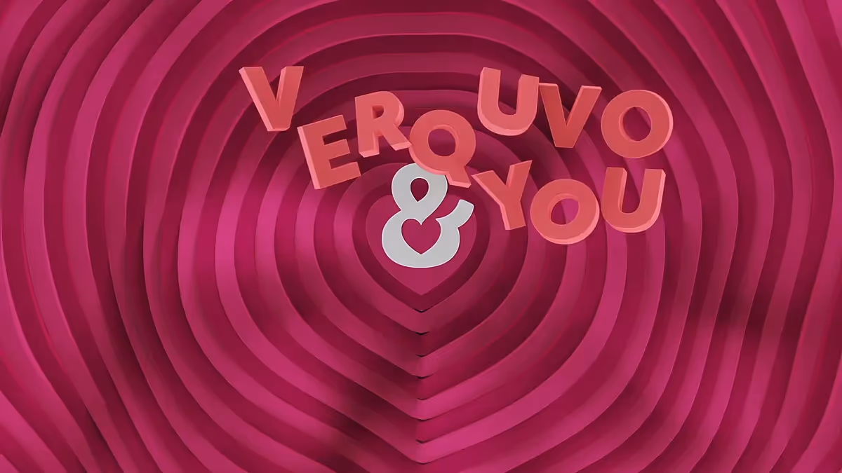 3D Animation mit Schriftzug „Verquvo & You“ in Herzform – animiertes Markenelement mit organischen Formen und Tiefe, das die Verbindung zwischen Produkt und Nutzer visuell in modernem 3D-Stil darstellt.