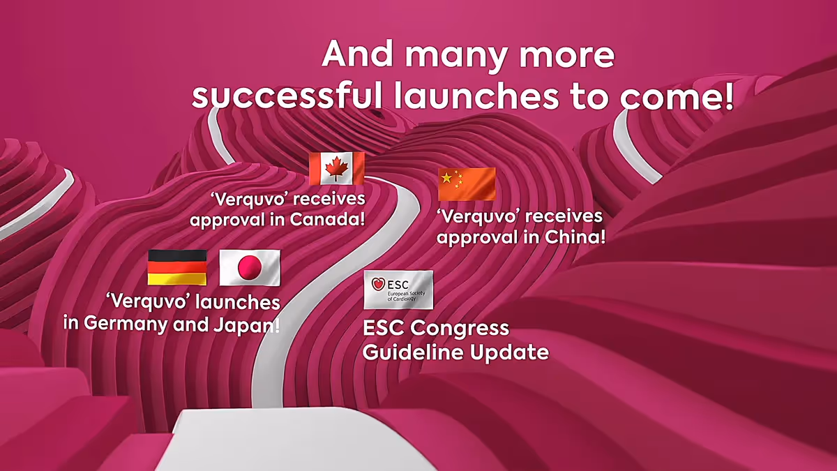 3D Animation mit globalen Markteinführungen von Verquvo – animierte Weltkarte mit Flaggen und Text über organisch geformtem 3D-Hintergrund in Pink, visualisiert internationale Expansion und Erfolgsgeschichte.