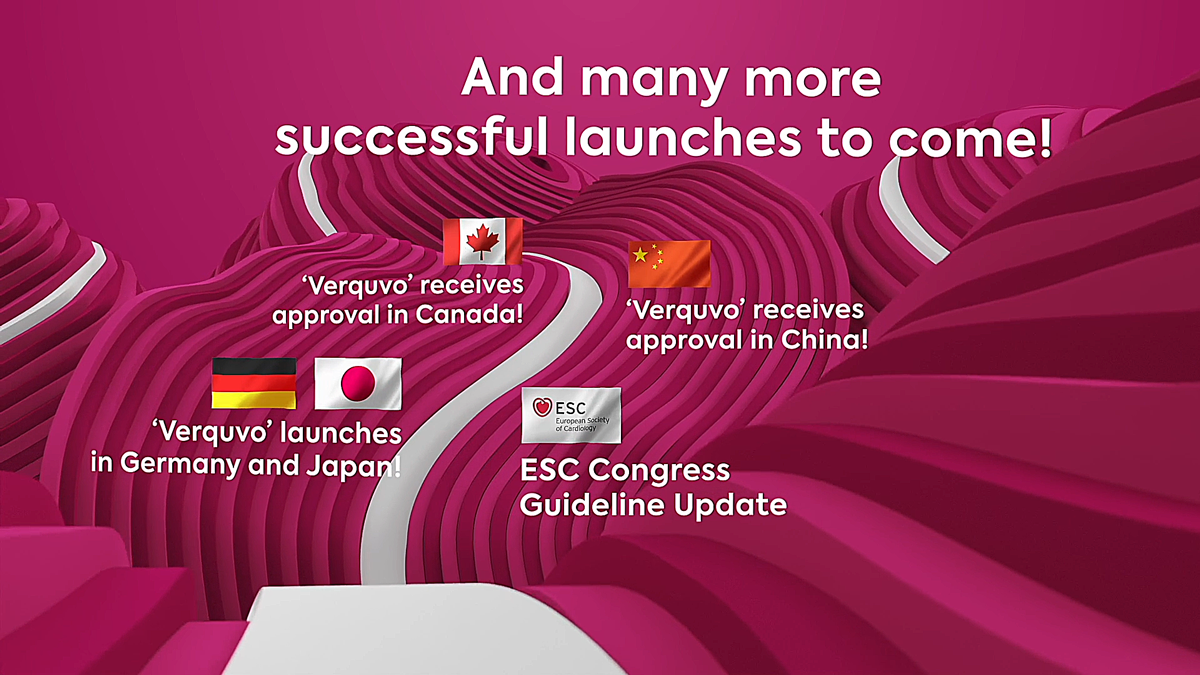 3D Animation mit globalen Markteinführungen von Verquvo – animierte Weltkarte mit Flaggen und Text über organisch geformtem 3D-Hintergrund in Pink, visualisiert internationale Expansion und Erfolgsgeschichte.