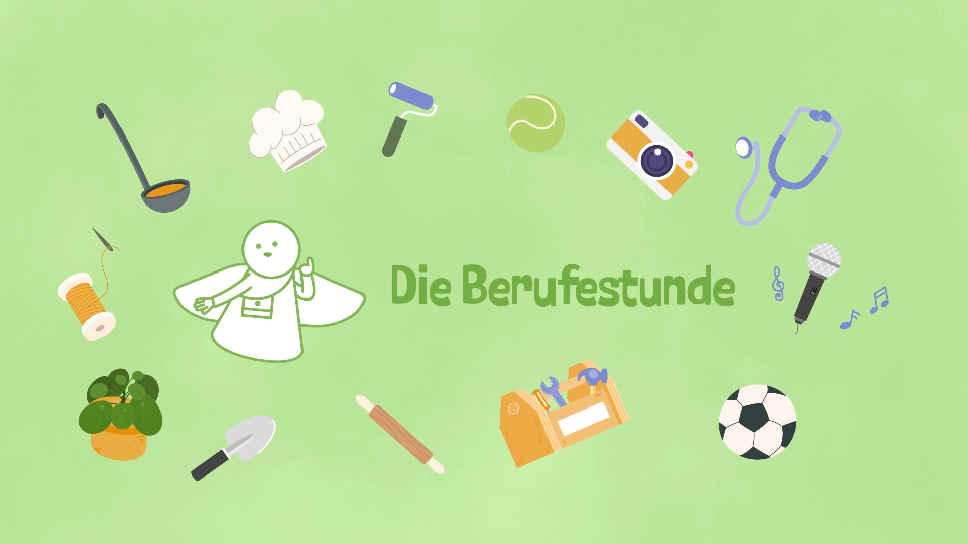 2D-Erklärvideo „Die Berufestunde“ zeigt bunte Symbole verschiedener Berufe wie Arzt, Koch, Gärtner und Musiker. Bildungsanimation zur Berufsorientierung und spielerischen Vermittlung von Wissen über verschiedene Tätigkeiten.
