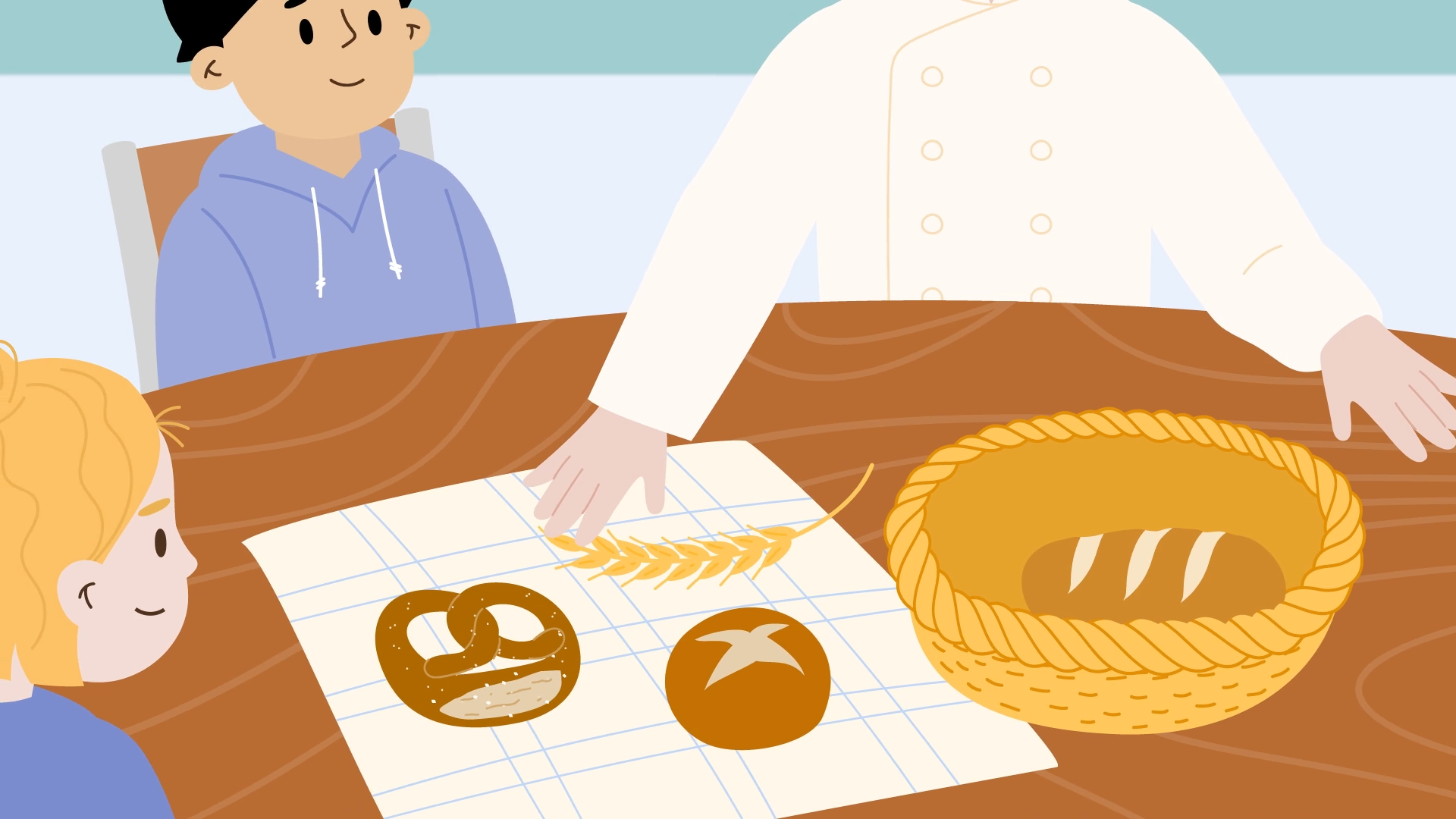 2D-Erklärvideo zeigt Kinder und Erwachsene in einer Lernumgebung beim gemeinsamen Backen und Lernen. Bildungsanimation zur Förderung von Teamarbeit, Ernährung und interaktivem Lernen in Schule oder Gemeinschaft.