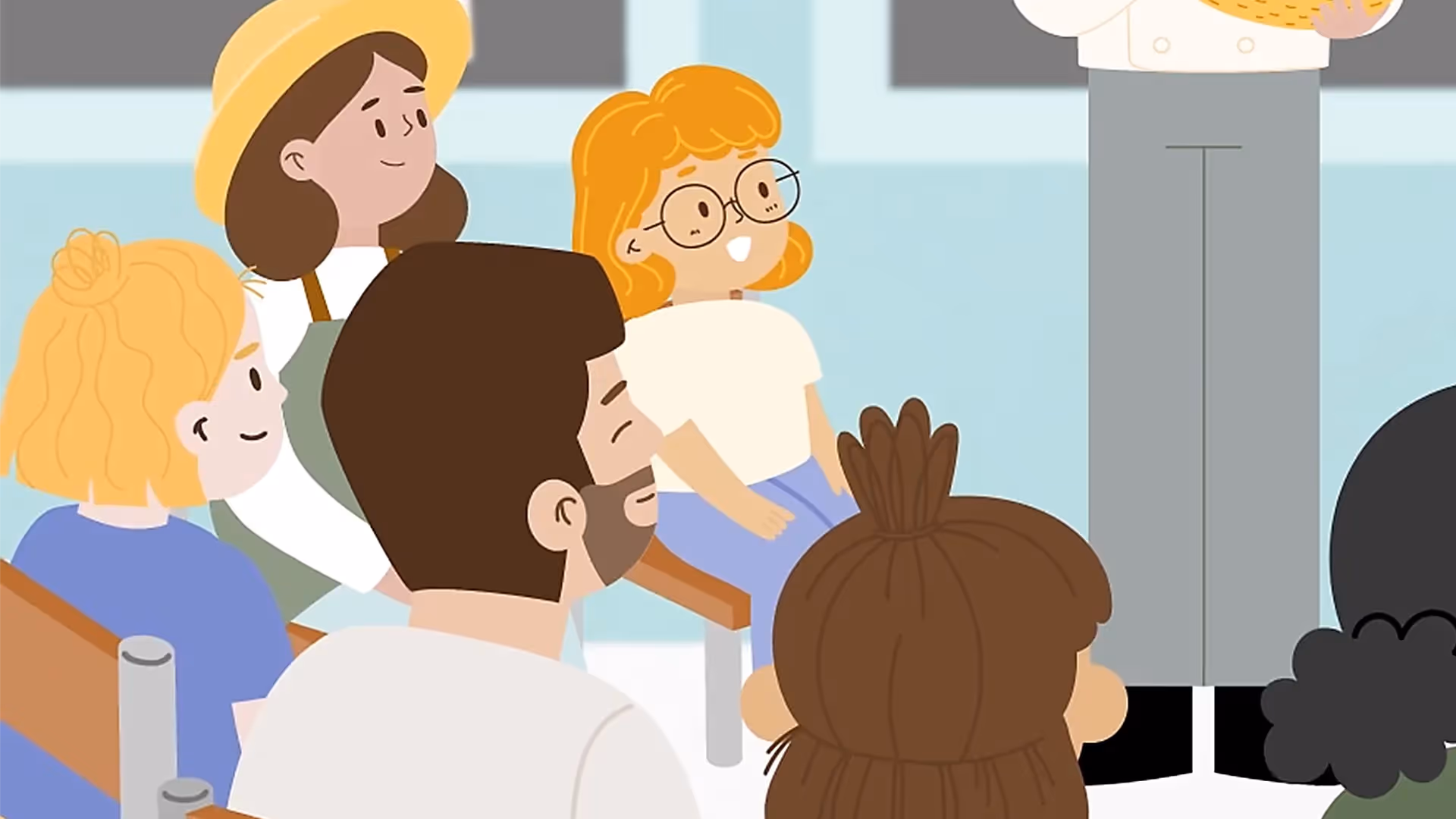 Cartoon-Illustration von Kindern und Lehrern in einem Klassenzimmer, gemeinsam sitzend und interaktiv dargestellt.