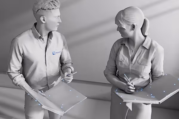 3D-Animation zweier Personen im Gespräch mit digitalen Tablets und leuchtenden Datenpunkten. Darstellung moderner Kommunikation und Technologie für Produktvideo oder Werbefilm über digitale Netzwerke, Innovation und Zusammenarbeit.