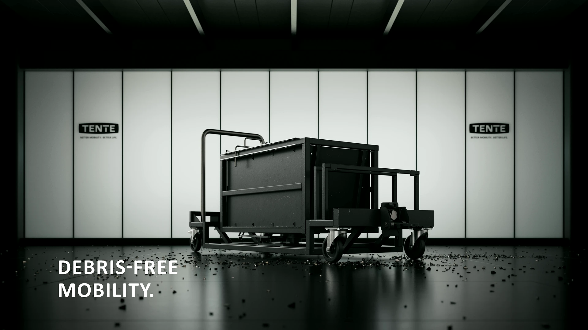 Transportwagen mit TENTE Neotech Rädern vor heller Wand, Debris-free Mobility