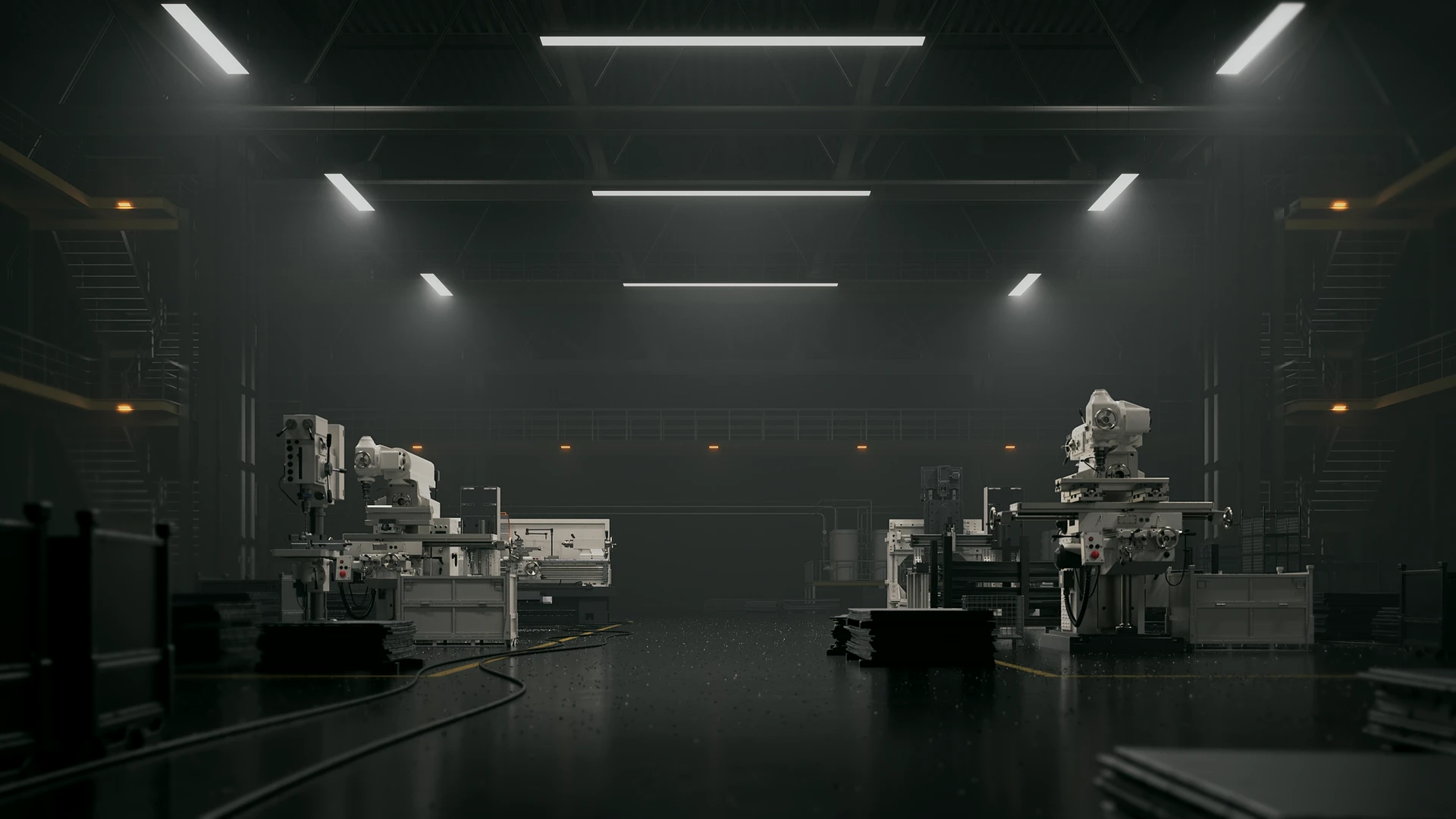 3D-Industriehalle mit CNC-Maschinen im Lowkey-Licht