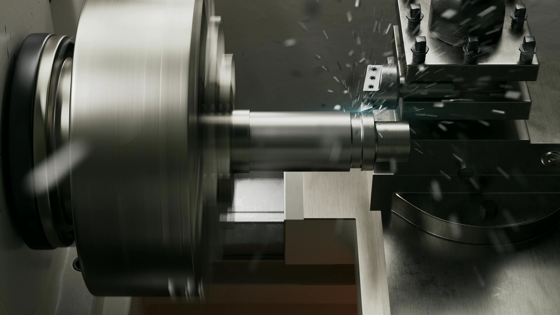 CNC-Drehbank in der 3D-Halle, Metallspäne fliegen