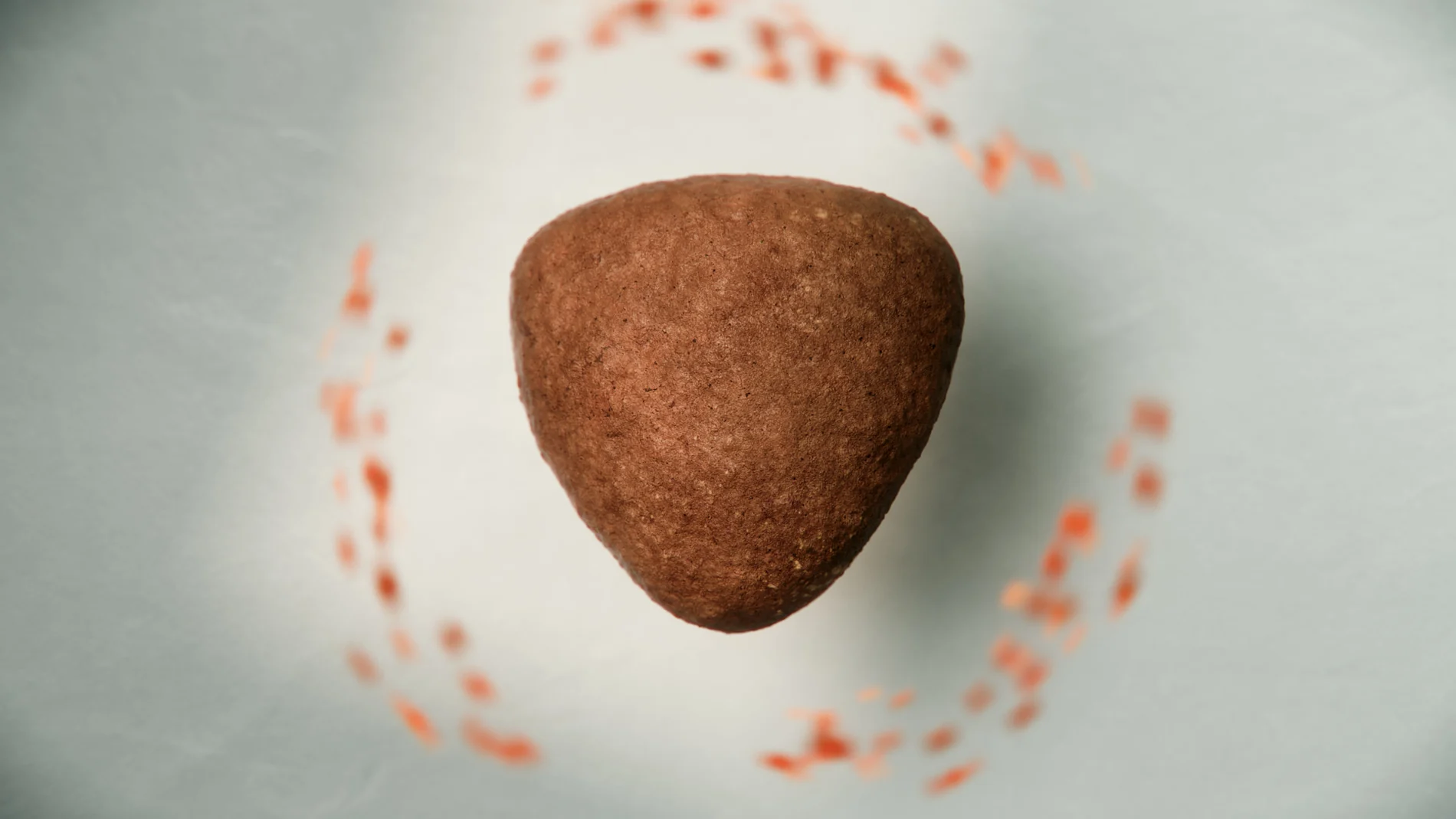 3D-Animation einer Futterkrokette mit orangefarbenen Partikeln, die sie umkreisen