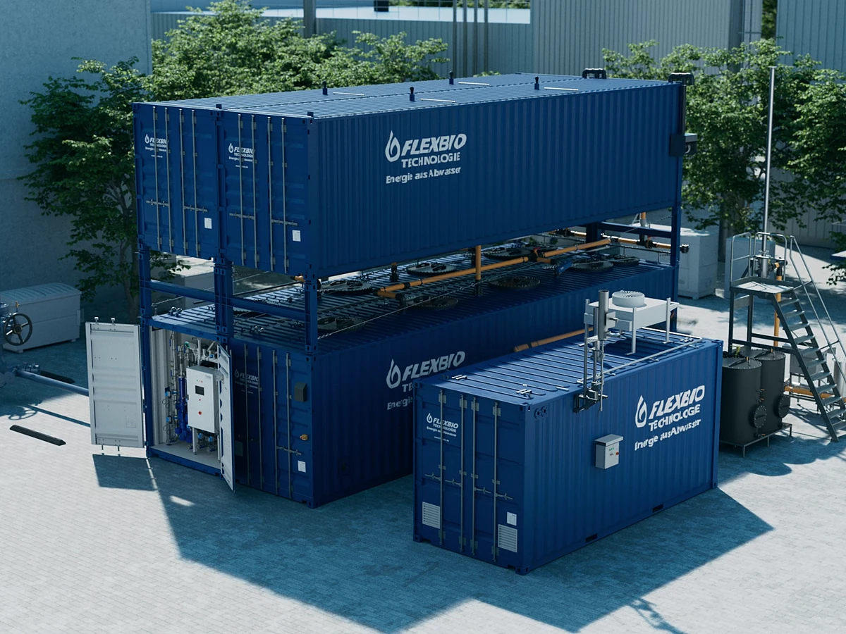 3D-Animation gestapelter blauer FLEXBIO-Container in einer Industrieanlage