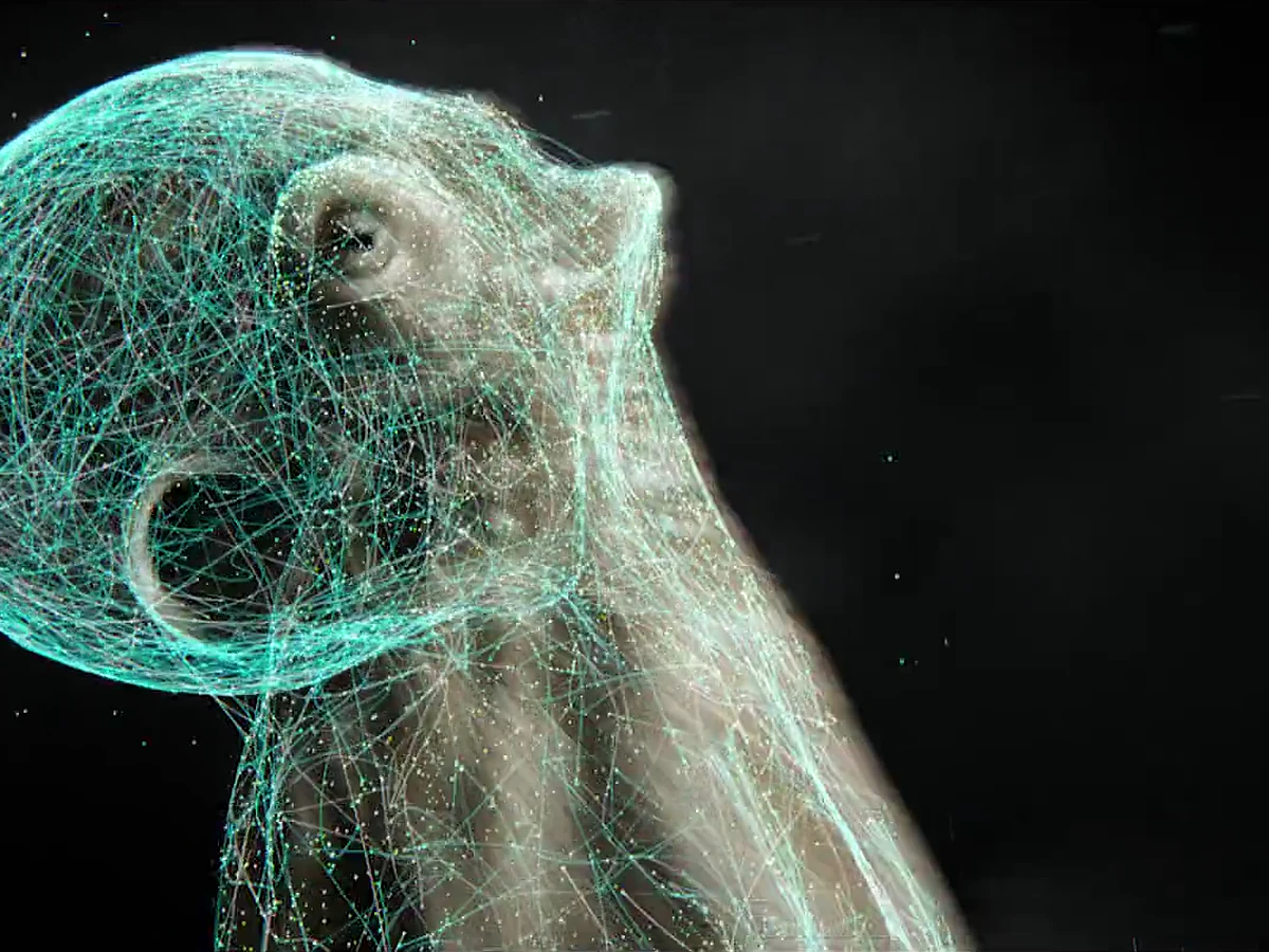 3D-Animation eines holografischen Oktopus vor dunklem Hintergrund, Projekt für ACELAB